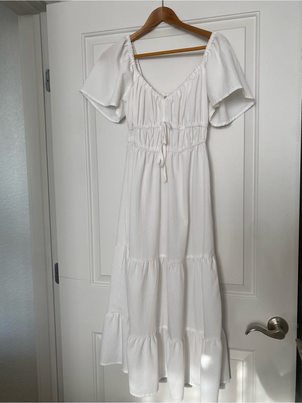 Women's White Tiered Maxi Dress with Drawstring Bodice